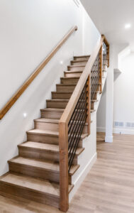 wooden stairs constructed with wire handrail